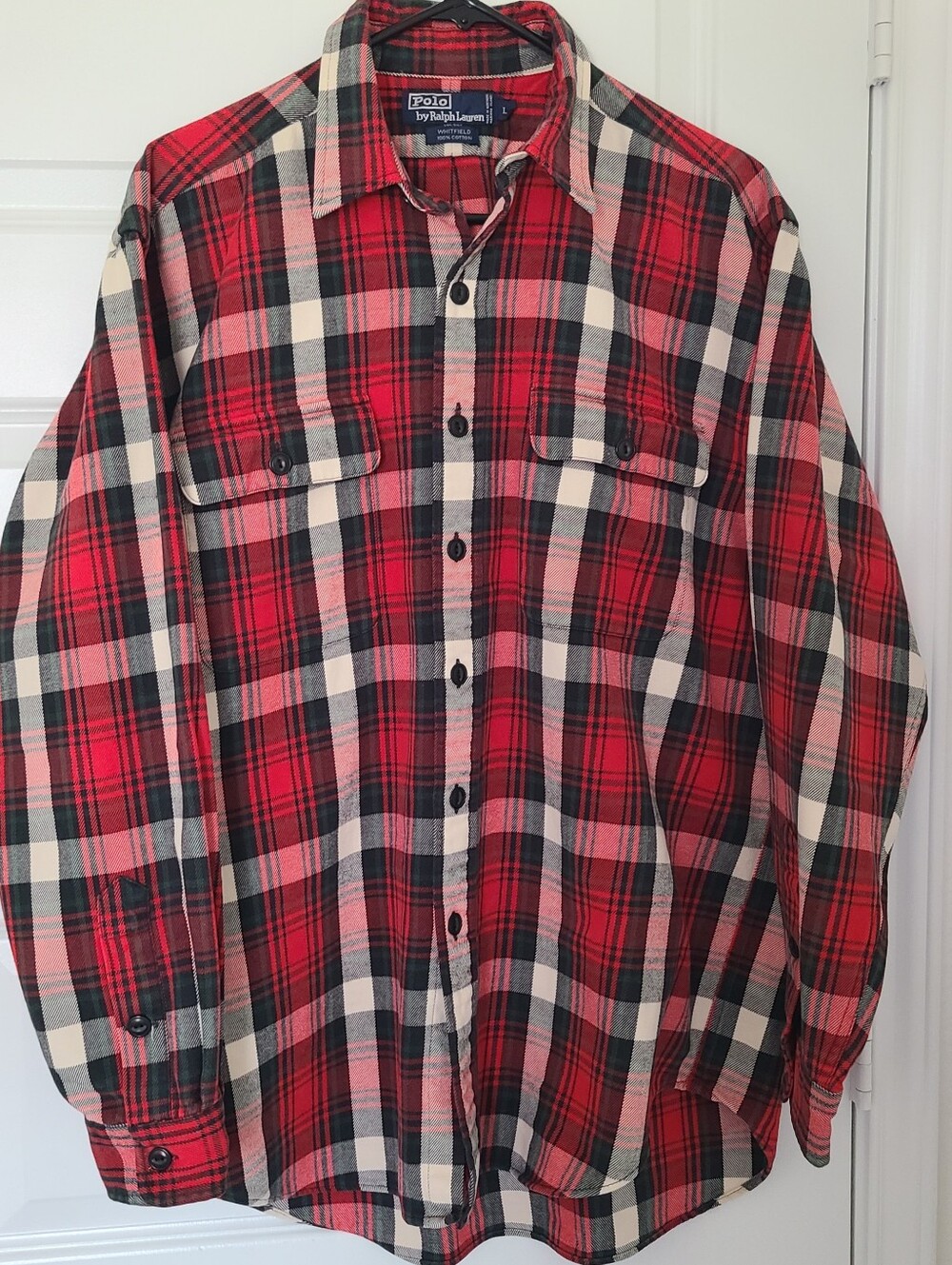 Vintage Polo Ralph Lauren Shirt Mens L Red Gray White Plaid Button Up Cotton